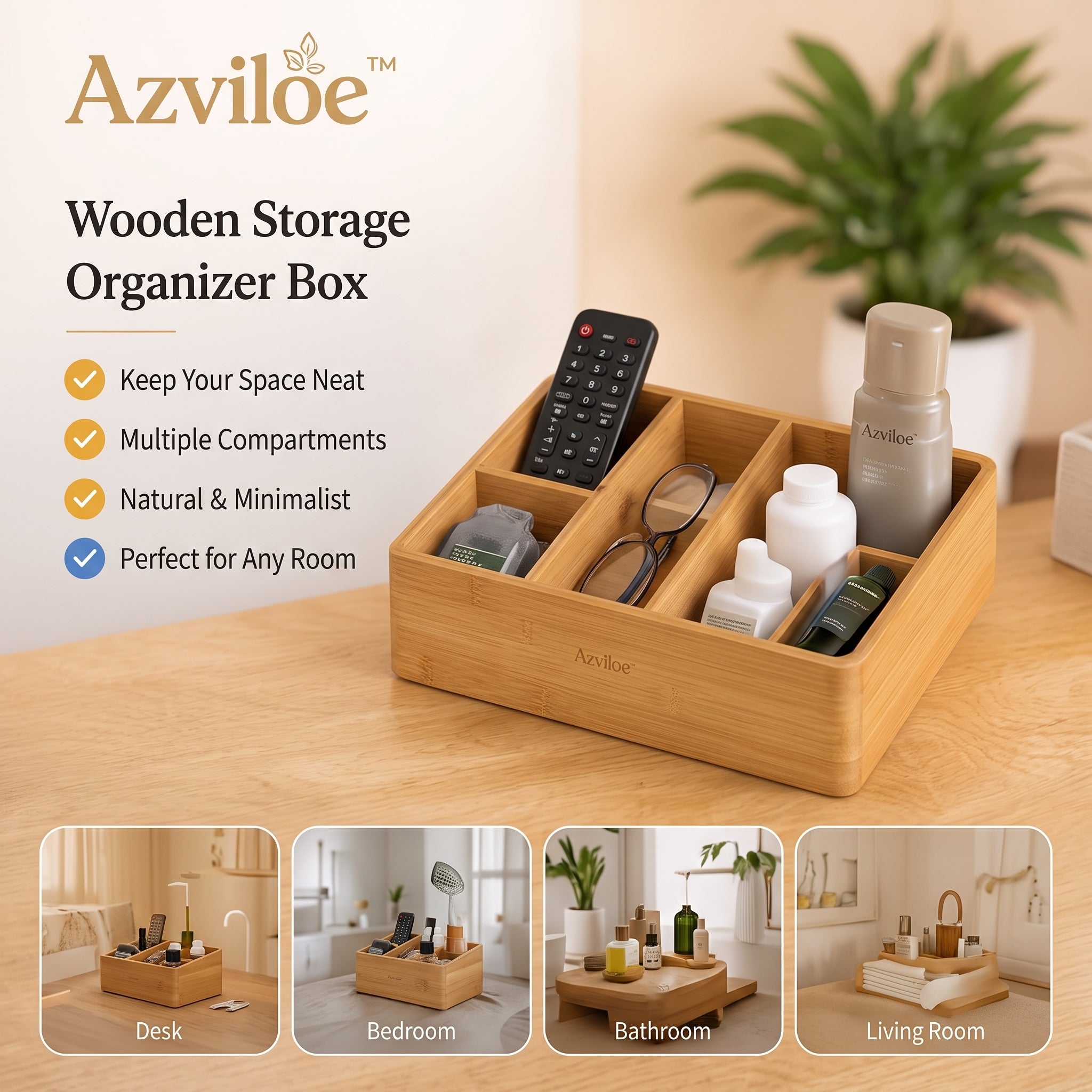 Azviloe™ Wooden Storage Organizer Box